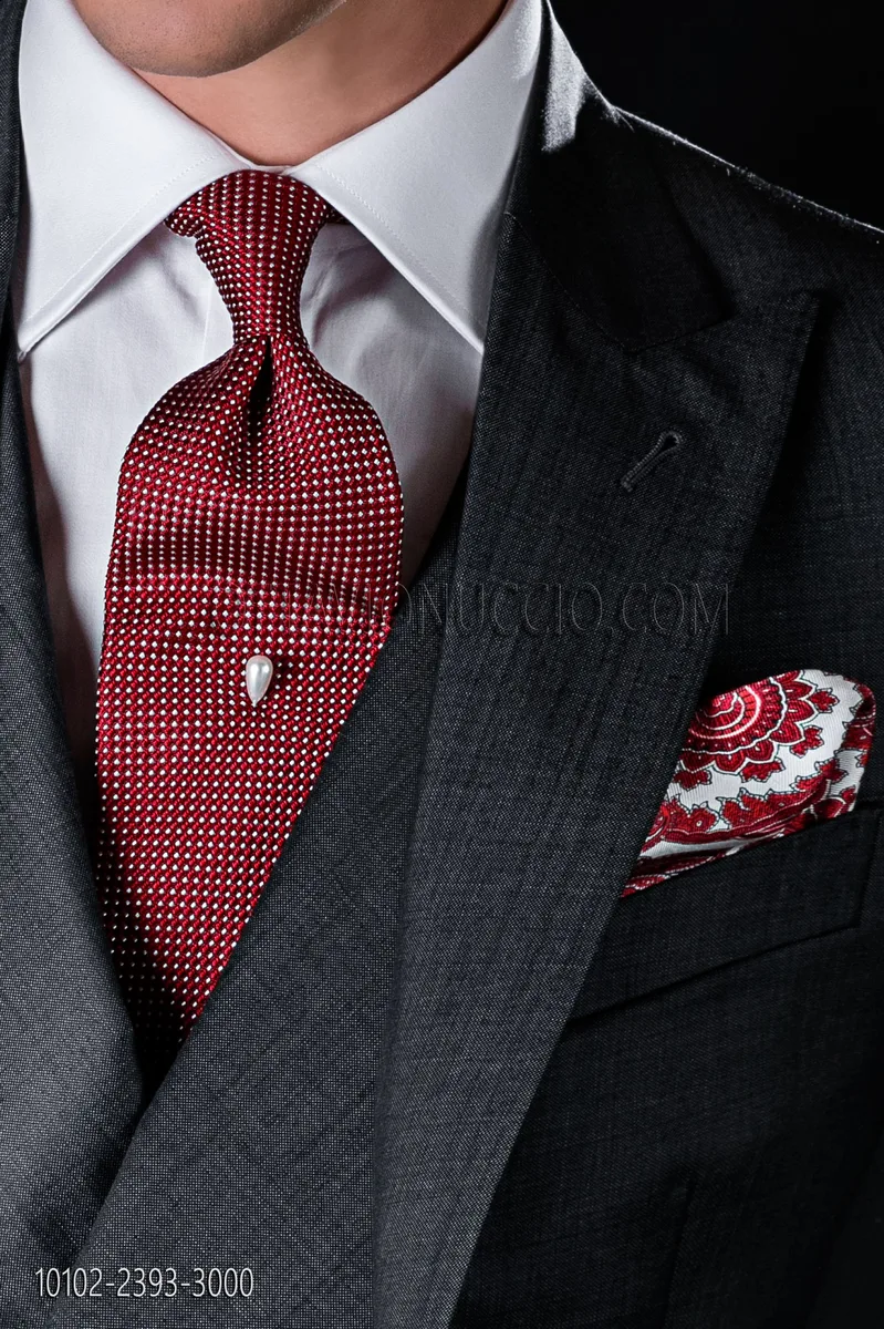 Cravatta pura seta rossa microdisegni ocra