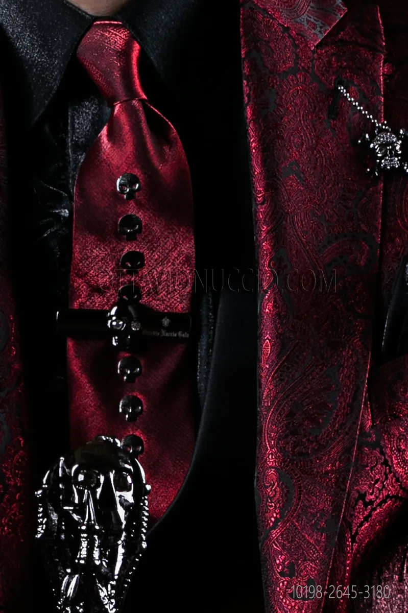 Slim tie in red lurex with skull appliqués