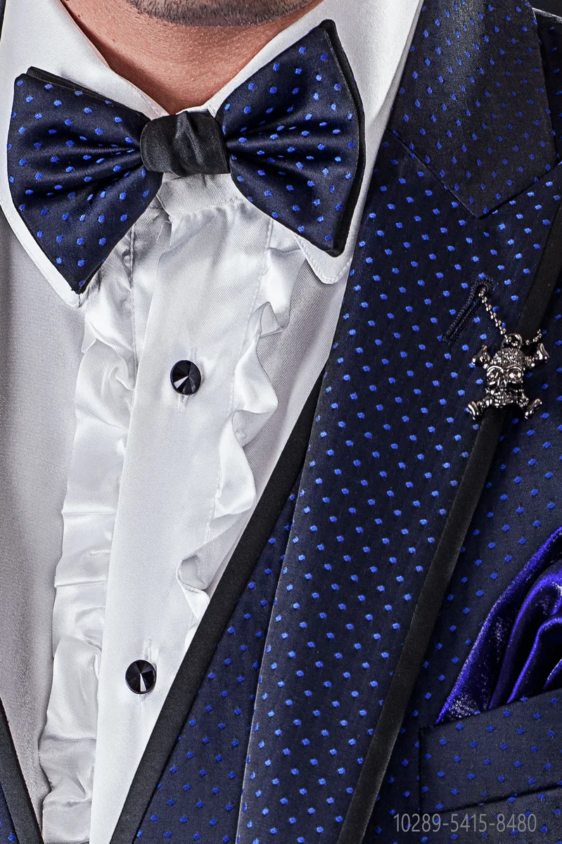 Two-tone bow tie in black jacquard with blue polka dots
