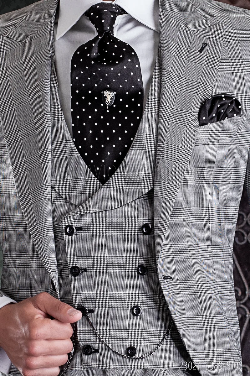 8-button waistcoat in grey Prince of Wales check fabric