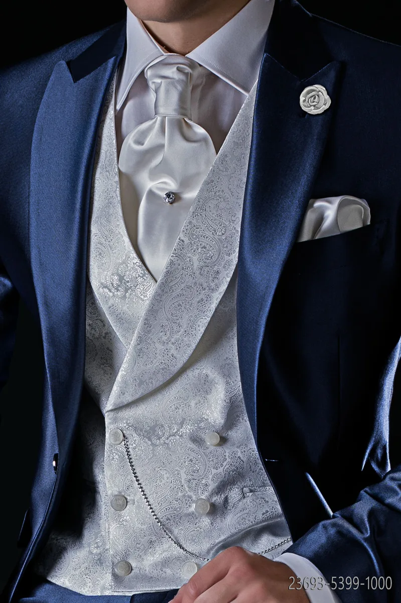 Double-breasted waistcoat with shawl lapel in white damask fabric