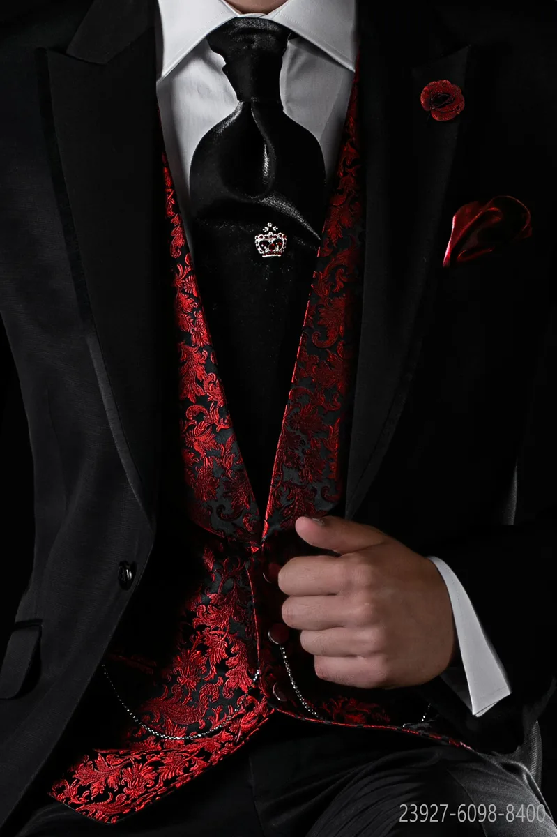 Gilet décolleté à col châle en jacquard de soie rouge