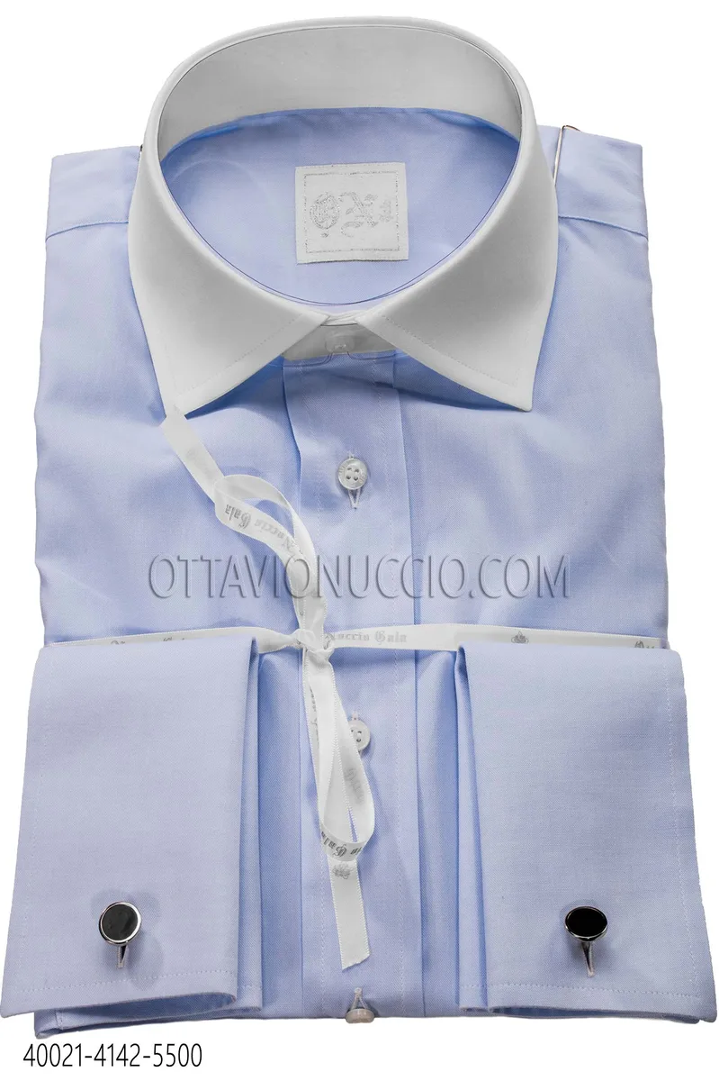 Chemise coton bleu ciel col contrasté