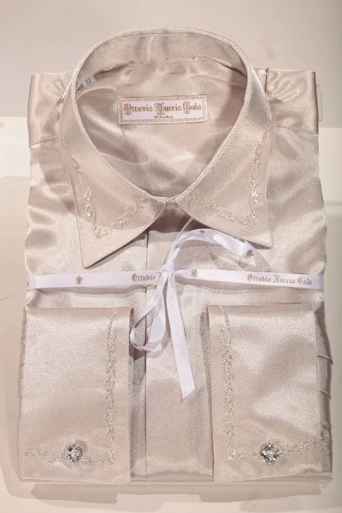 Pearl Grey Satin Shirt with silver floral embroidery