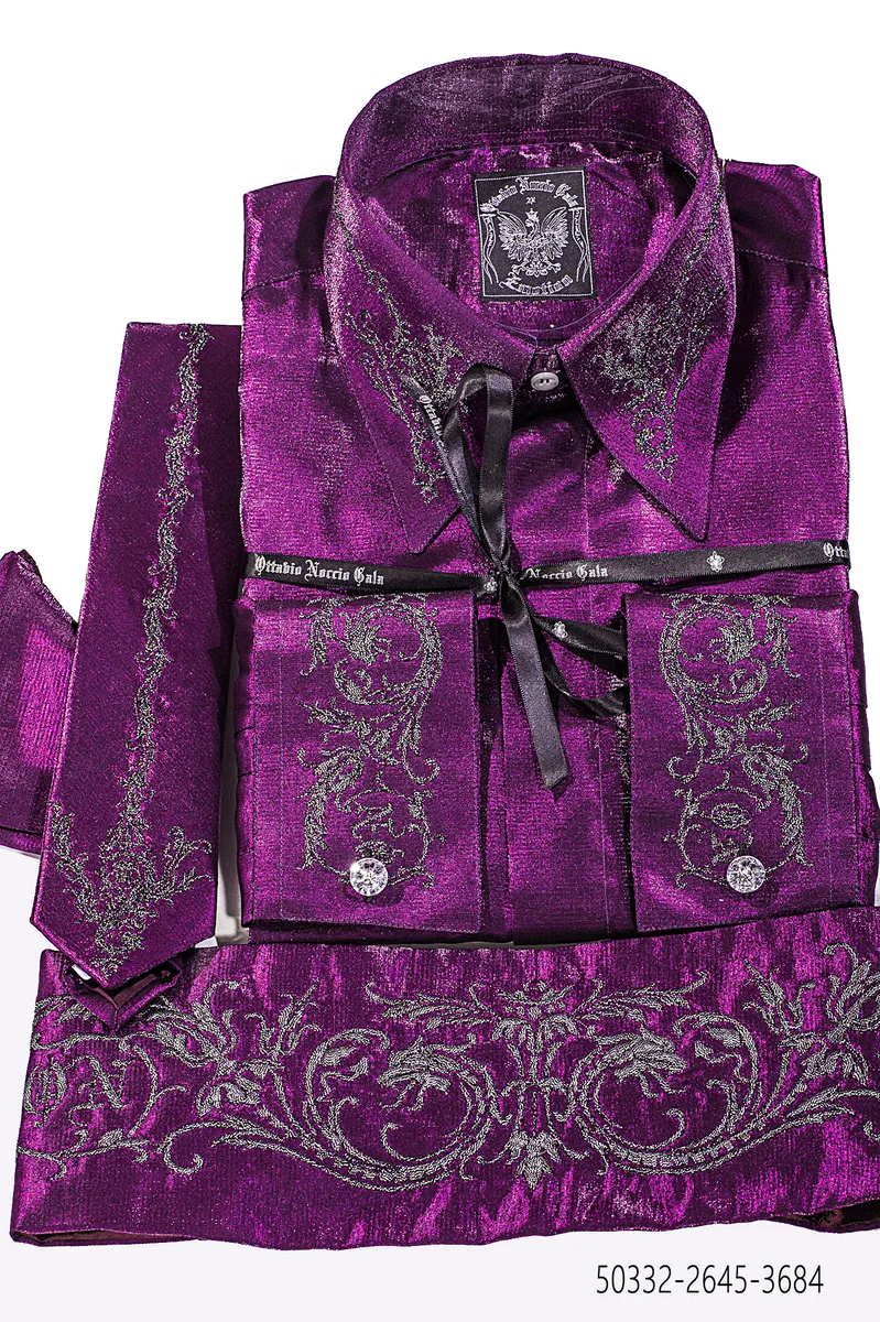 Chemise, cravate et ceinture de smoking en tissu lurex fuchsia avec broderie