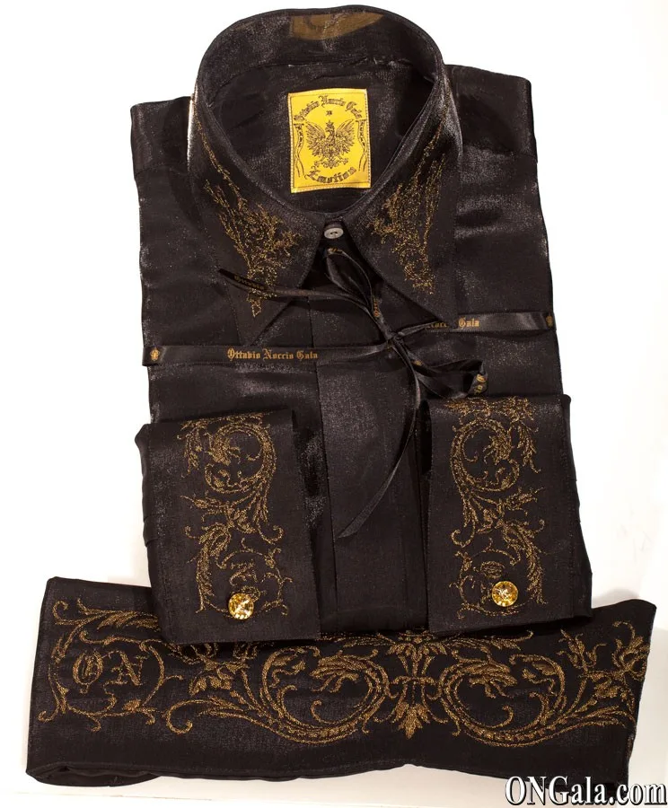 Black Lurex Shirt, Tie and Cummerbund Set with Embroidery