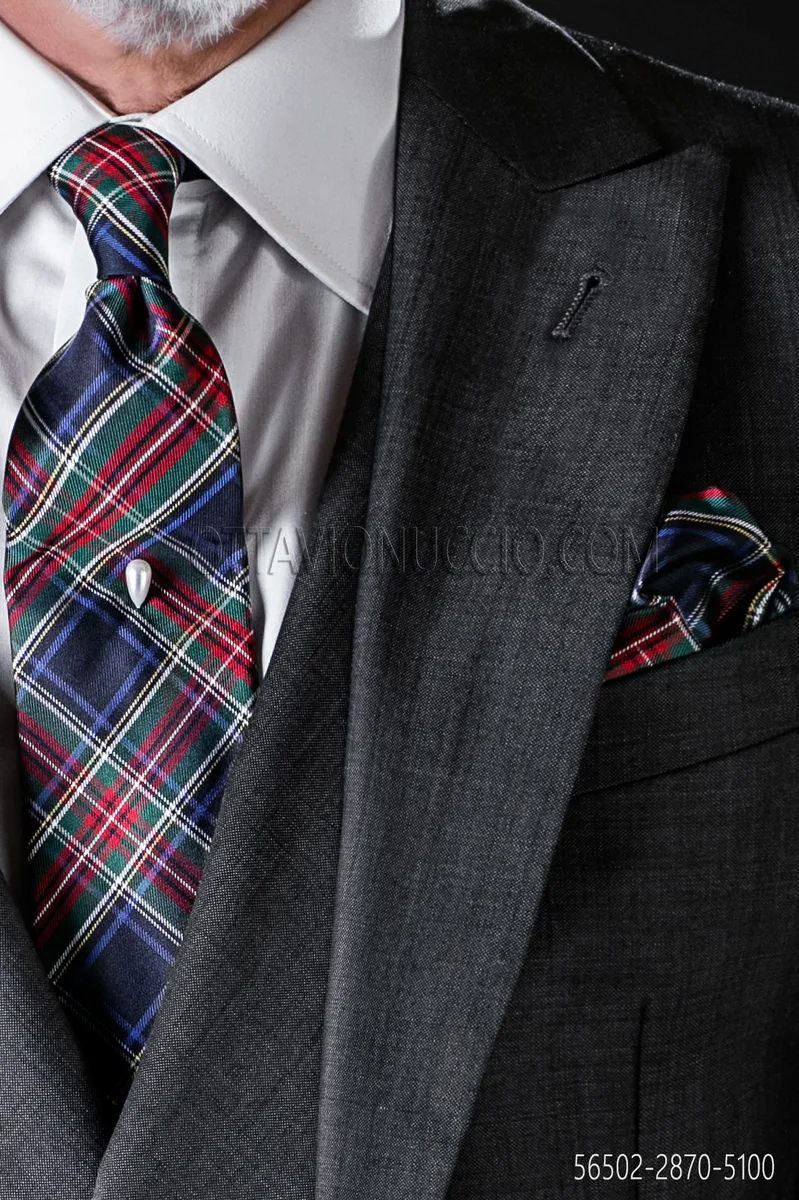 Krawatte und Einstecktuch aus reiner Seide mit Tartan-Muster