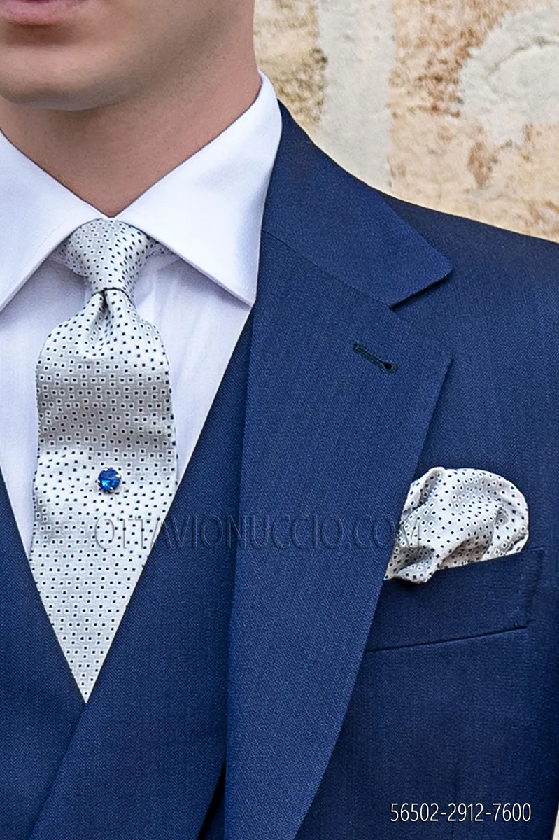 Cravatta e Fazzoletto in seta microdisegni royal su grigio perla