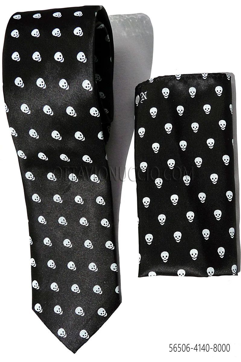 Slim tie and Handkerchief with black background and white skull print