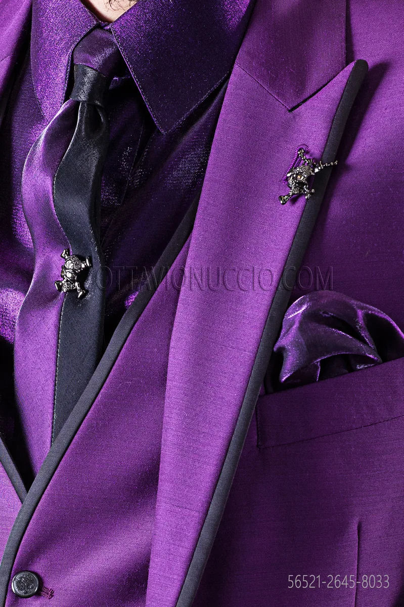 Two-tone slim tie in black and purple lurex with handkerchief