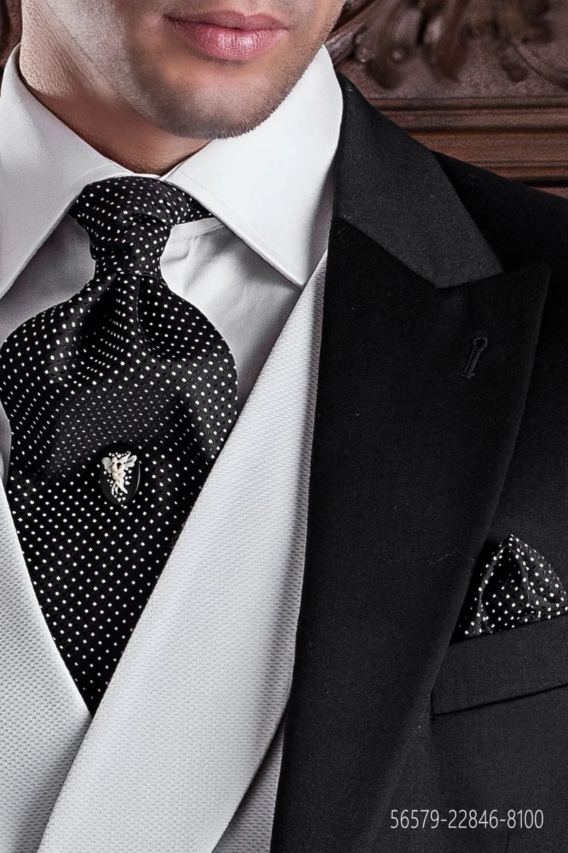 Cravattone da annodare e fazzoletto in seta nero con piccoli pois