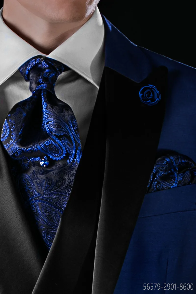 Cravattone e fazzoletto disegno Paisley nero e blu