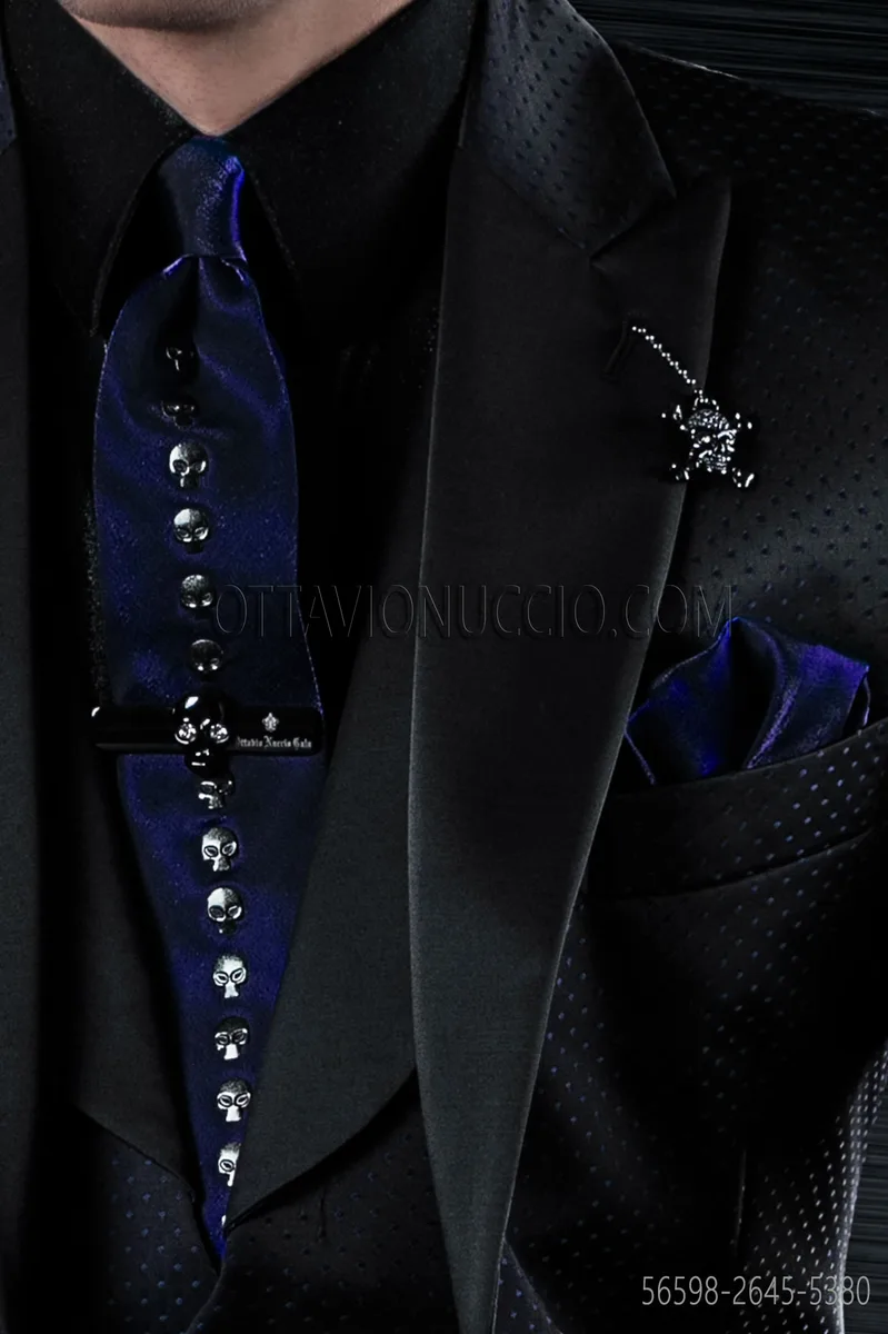 Cravatta e fazzoletto lurex blu royal con teschi