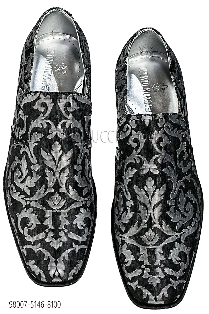 Slipper in tessuto damascato nero-argento