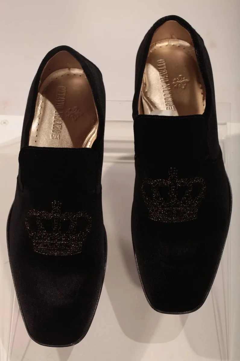 Slipper velours noir avec broderie couronne noir-or