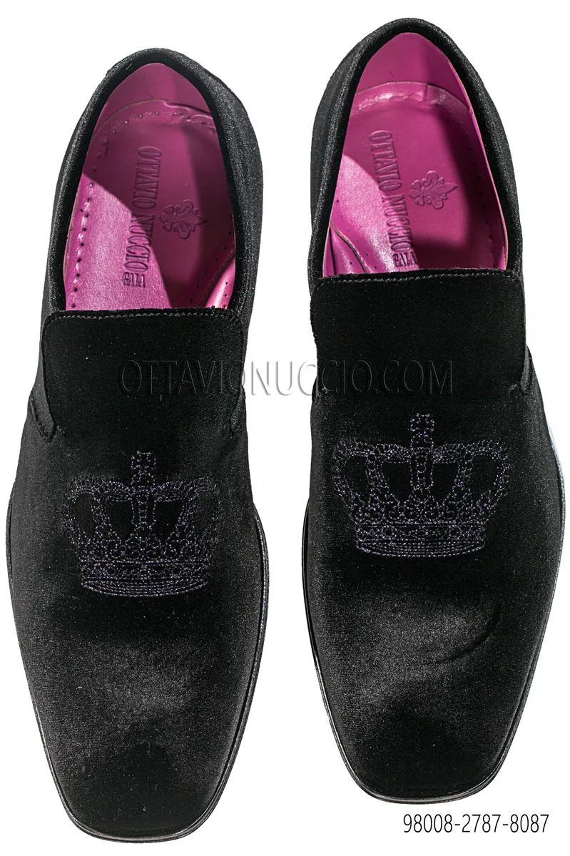 Slipper velluto nero con ricamo corona nero-viola