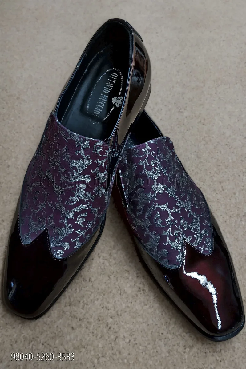 Scarpa bicolore vernice bordeaux inserto broccato prugna argento