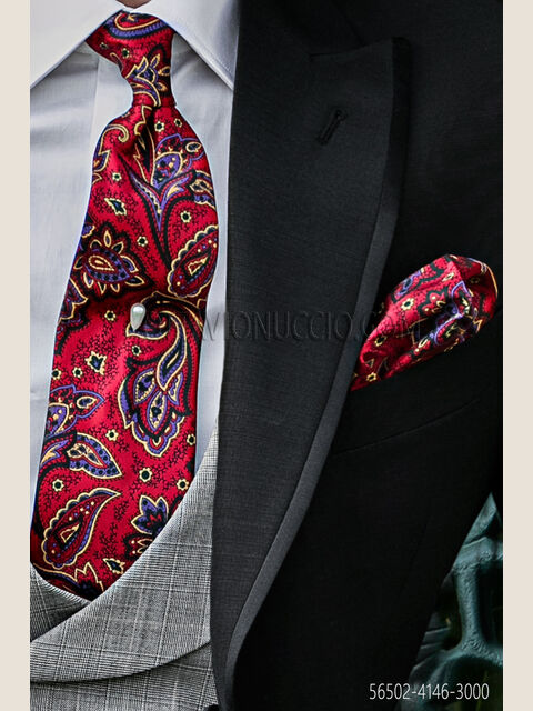 Cravatta rossa disegno Paisley con fazzoletto