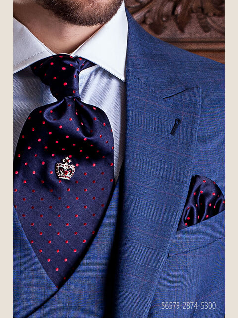 Cravattone e fazzoletto in seta blu con pois rossi
