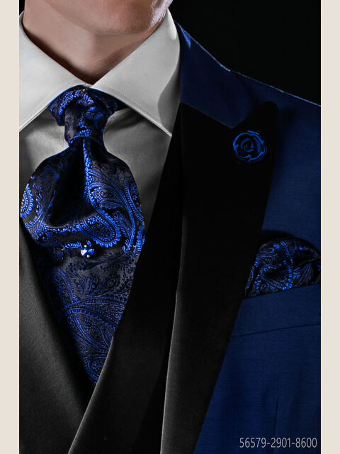 Cravattone e fazzoletto disegno Paisley nero e blu