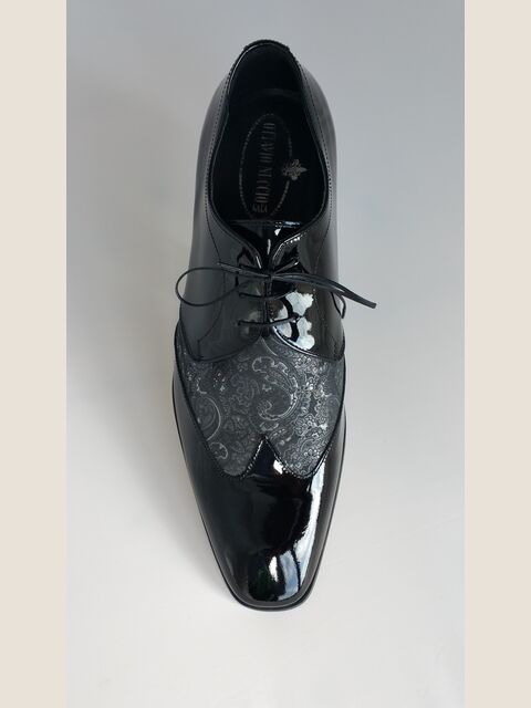 Scarpa allacciata bicolore nero-damascato grigio