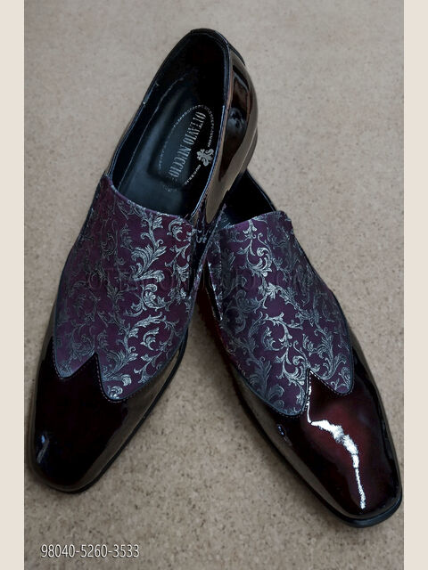 Scarpa bicolore vernice bordeaux inserto broccato prugna argento