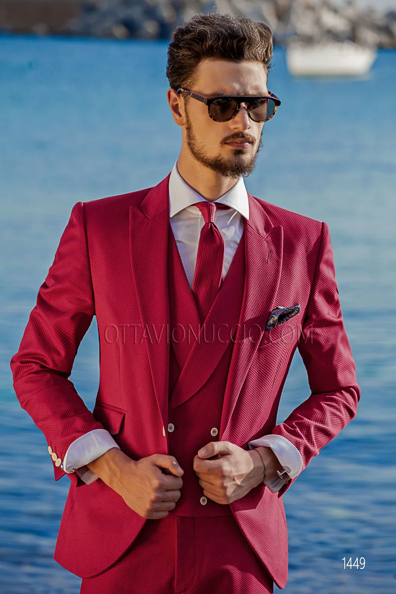 Abito uomo fucsia stile hipster in piqué di cotone con gilet doppiopetto 1