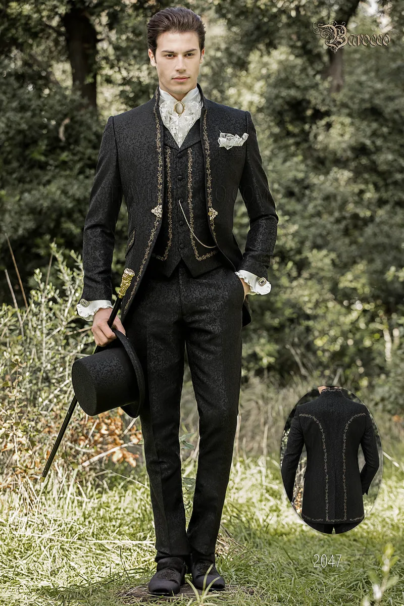 Abito collo coreano stile barocco damascato nero ricamato oro 1