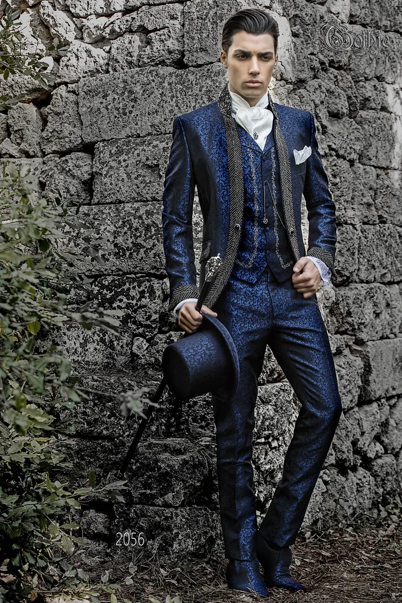 Abito uomo collo coreano damascato blu con strass cristallo fumé 1