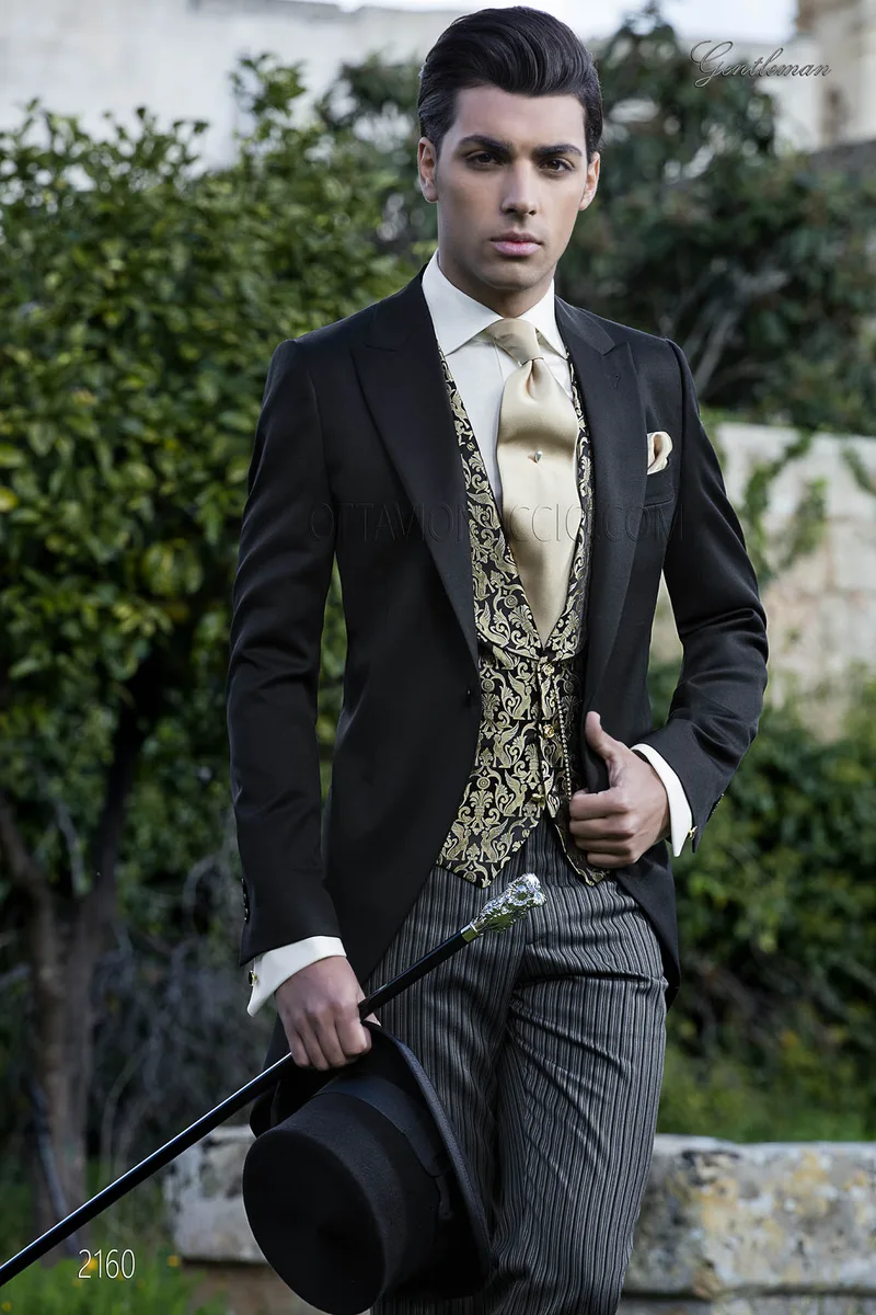 Abito tight nero da cerimonia uomo con pantalone a righe 1