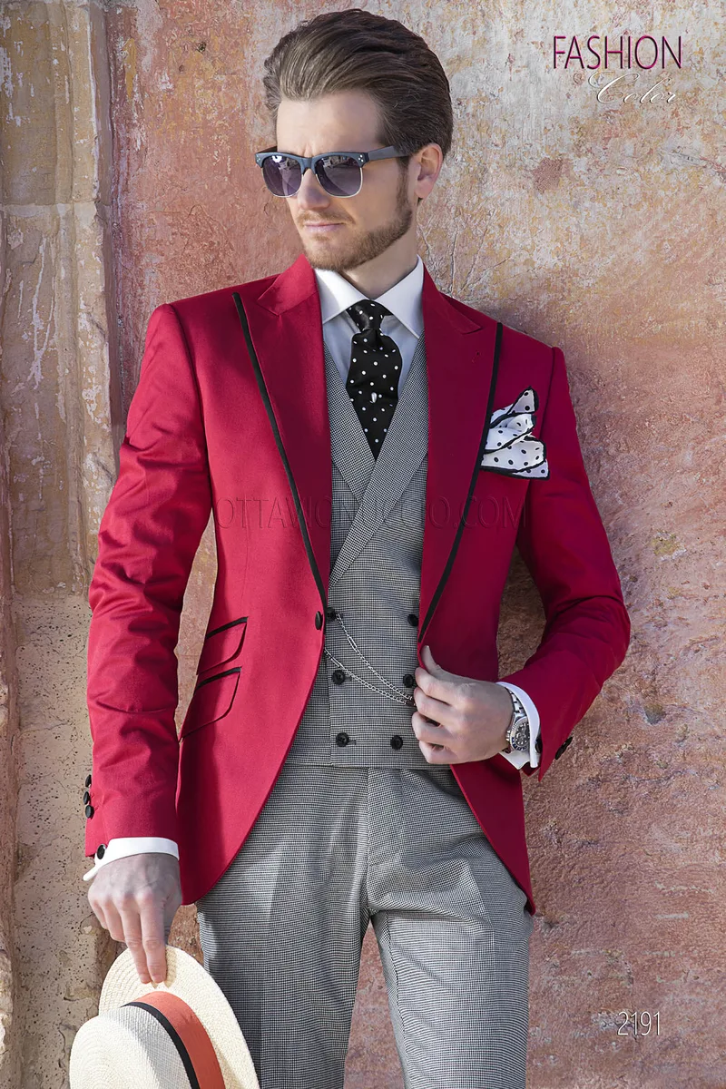 Completo da sposo uomo fashion rosso, pantalone e gilet pied de poule 1