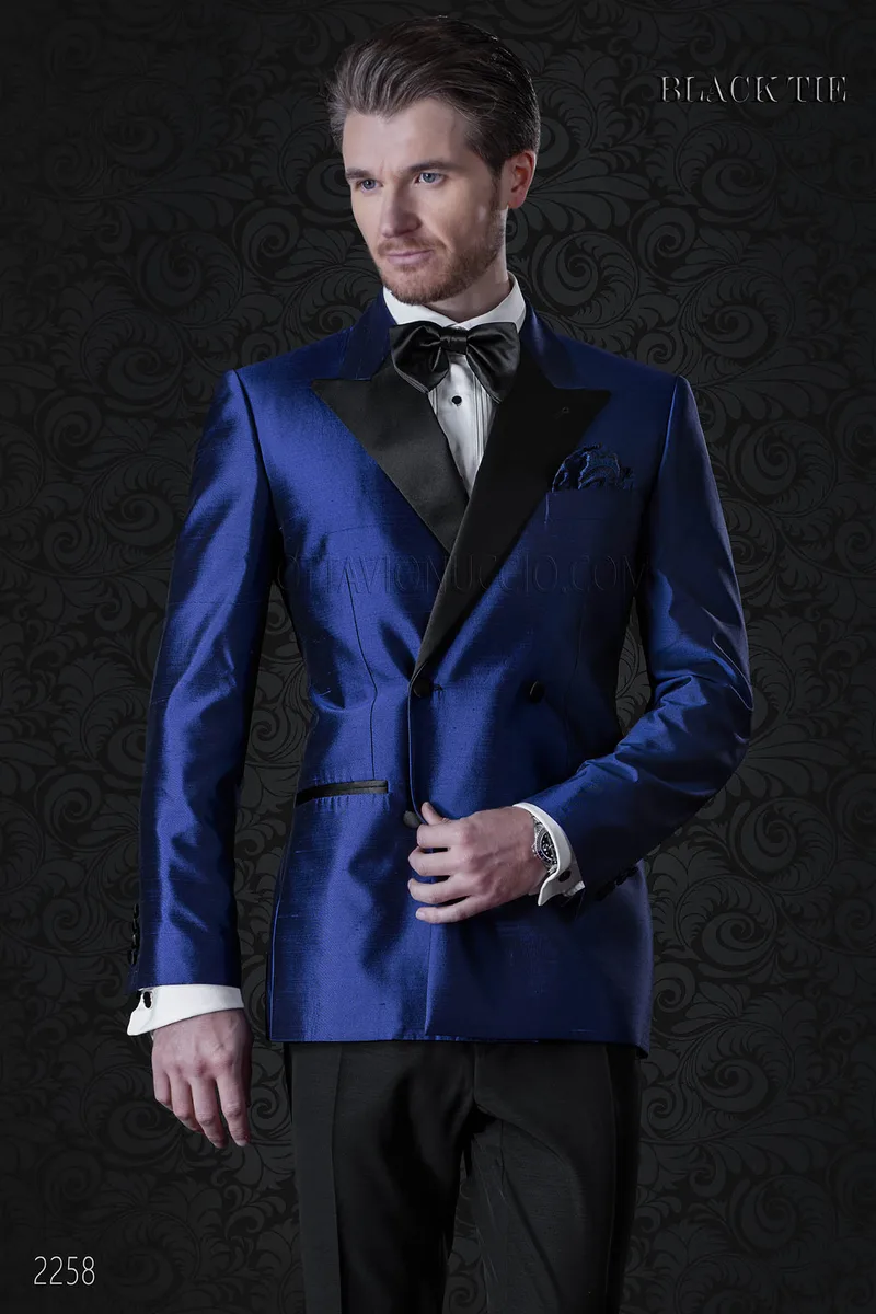 Giacca smoking doppiopetto uomo blu elettrico in shantung 1