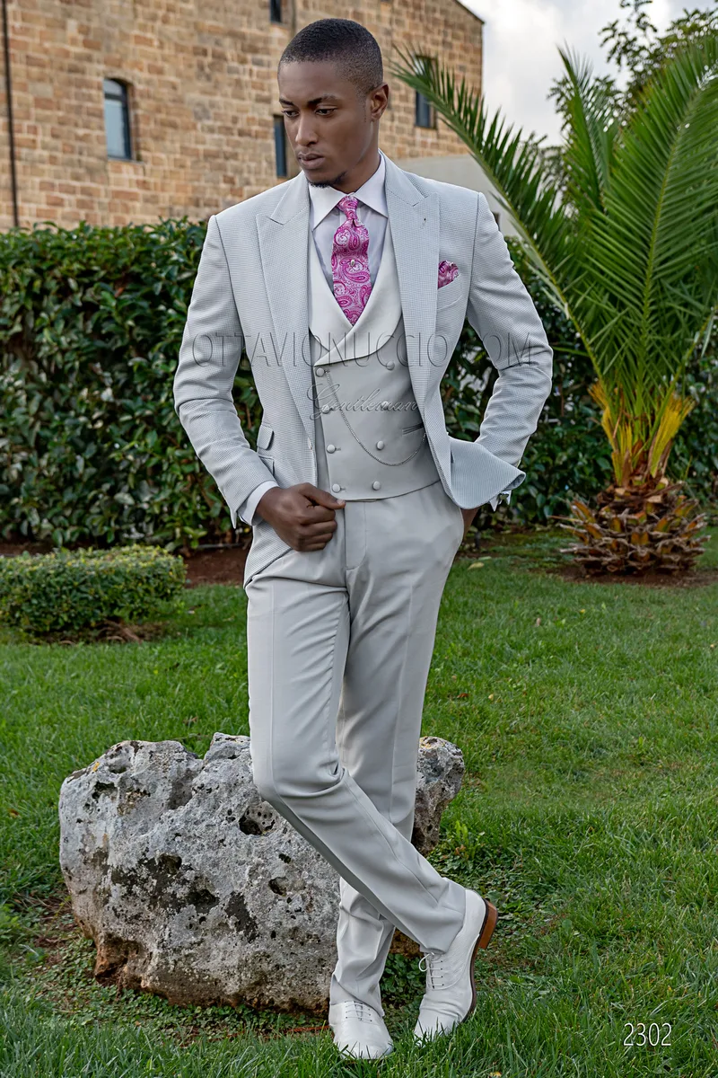 Abito cerimonia uomo pied de poule grigio perla con gilet e pantalone a tono – fi