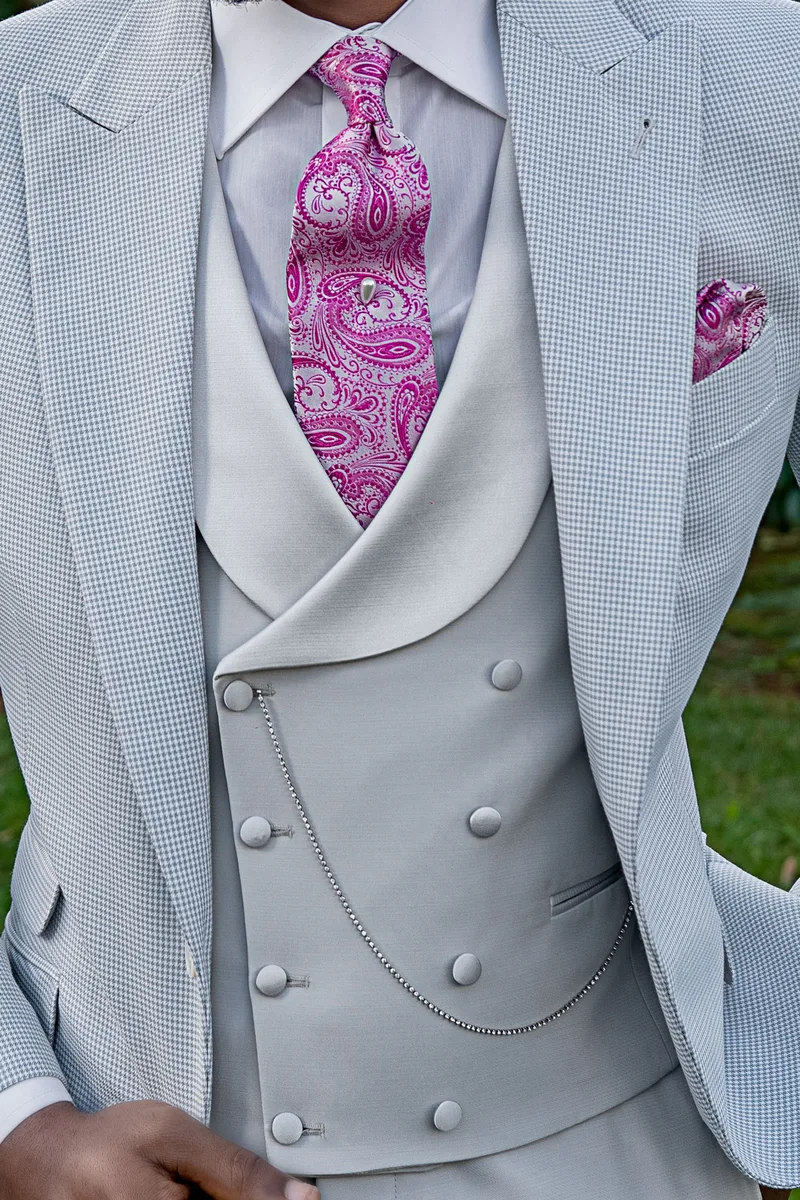 Abito cerimonia uomo pied de poule grigio perla con gilet e pantalone a tono 3