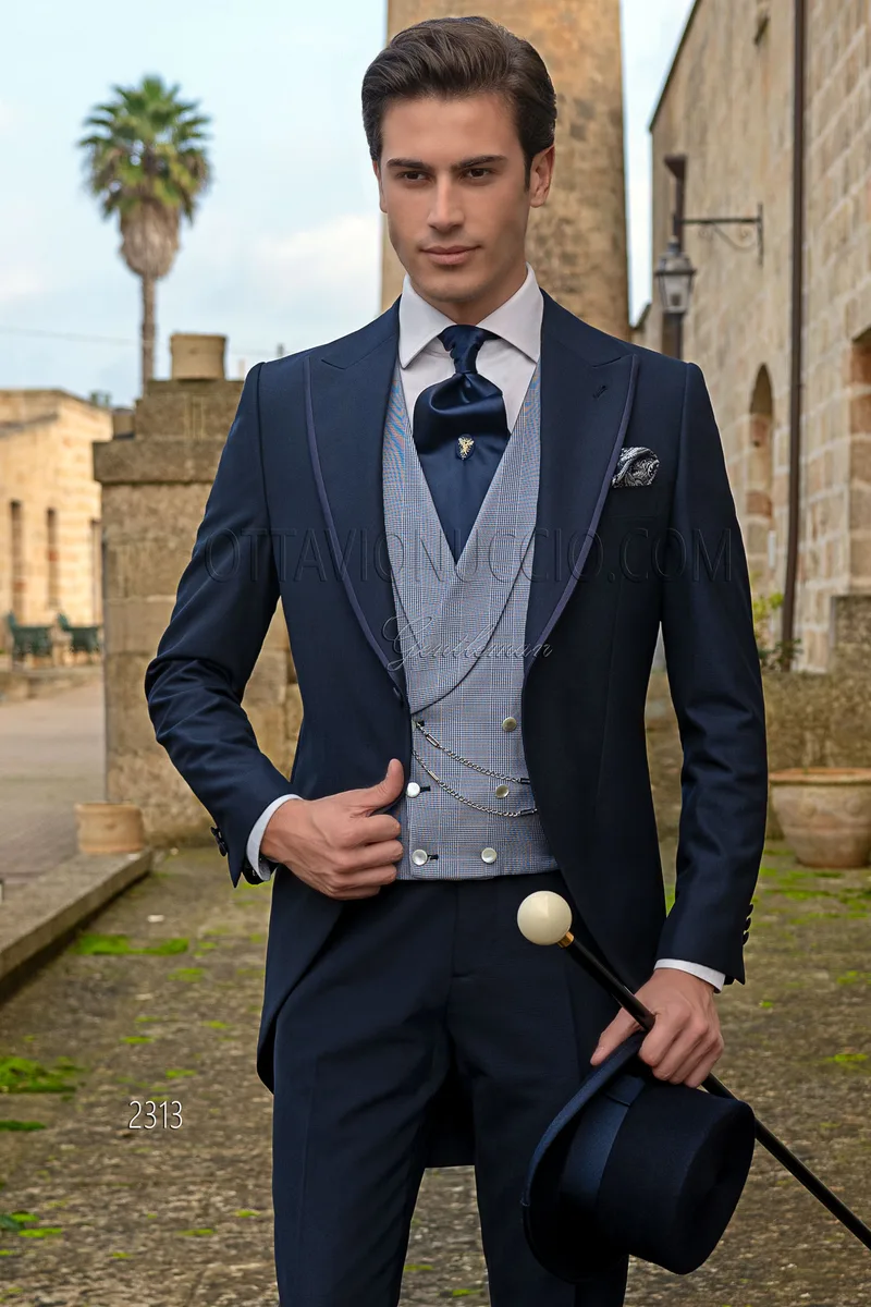 Tight sposo blu, gilet doppiopetto principe di Galles seta 1