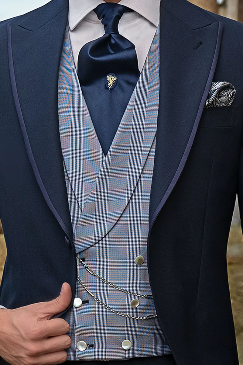 Tight sposo blu, gilet doppiopetto principe di Galles seta 2