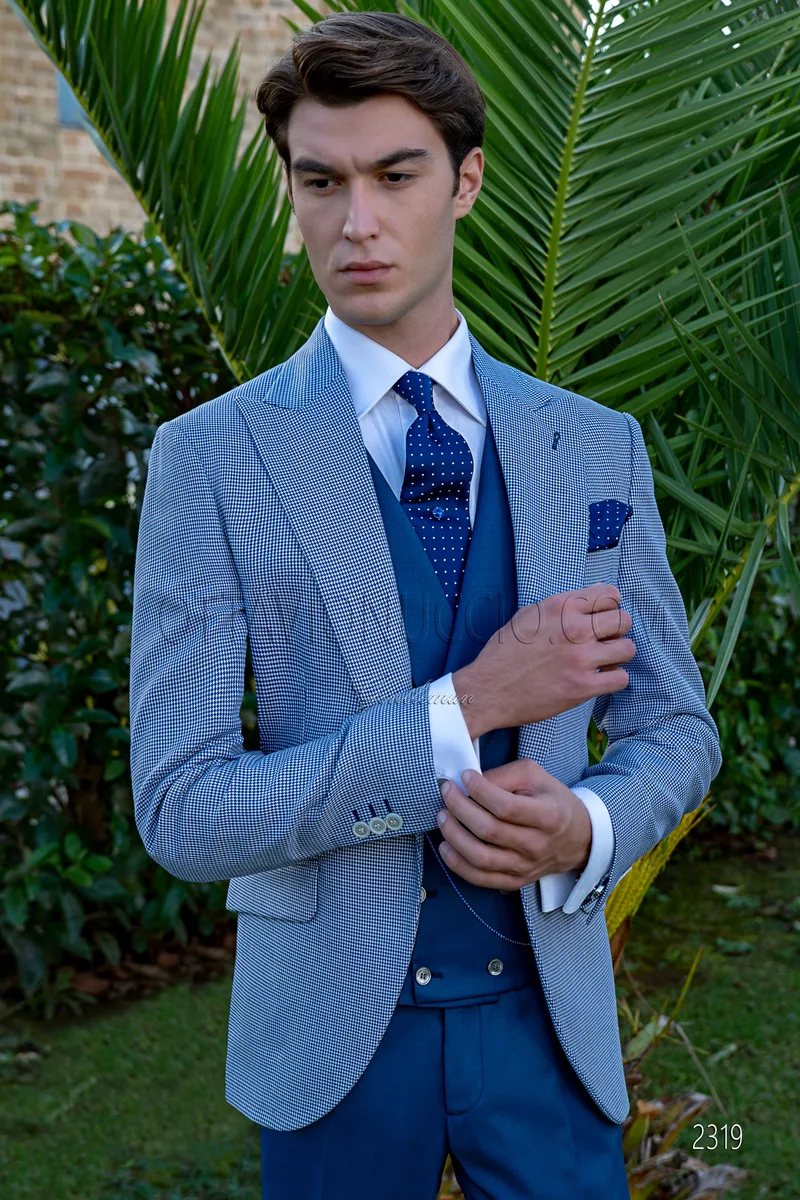 Giacca fashion uomo pied de poule blu royal con gilet e pantaloni blu 1