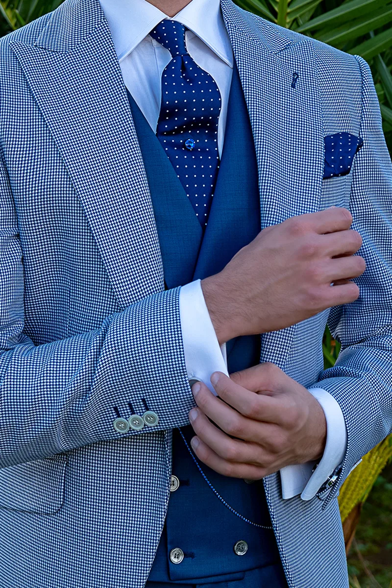 Giacca fashion uomo pied de poule blu royal con gilet e pantaloni blu 2