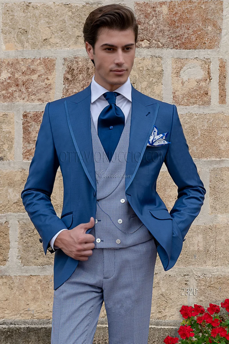 Abito sposo uomo giacca blu royal, gilet e pantalone pied de poule 1