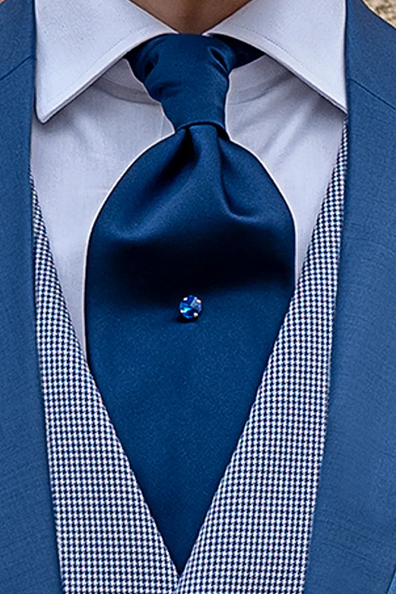Abito sposo uomo giacca blu royal, gilet e pantalone pied de poule 2