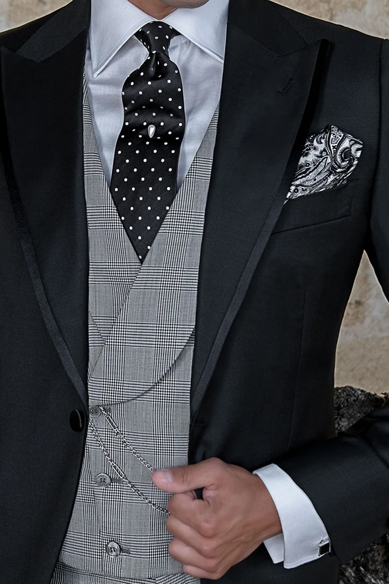 Abito cerimonia uomo fashion nero, gilet e pantalone principe di Galles grigio 3