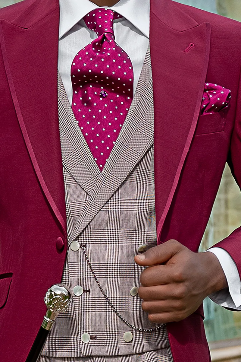 Abito sposo demi-tight moderno fucsia, gilet e pantaloni principe di Galles 2