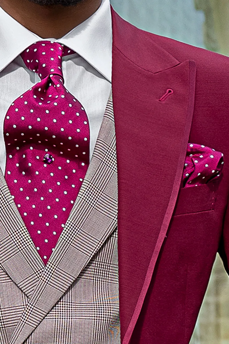 Abito sposo demi-tight moderno fucsia, gilet e pantaloni principe di Galles 3