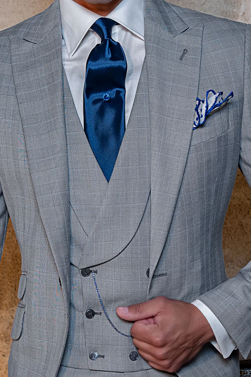 Vestito uomo sposo 3 pezzi principe di Galles grigio 3