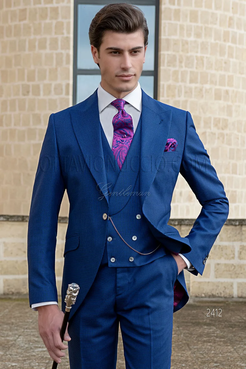 Vestito da sposo moderno blu royal pied de poule 1