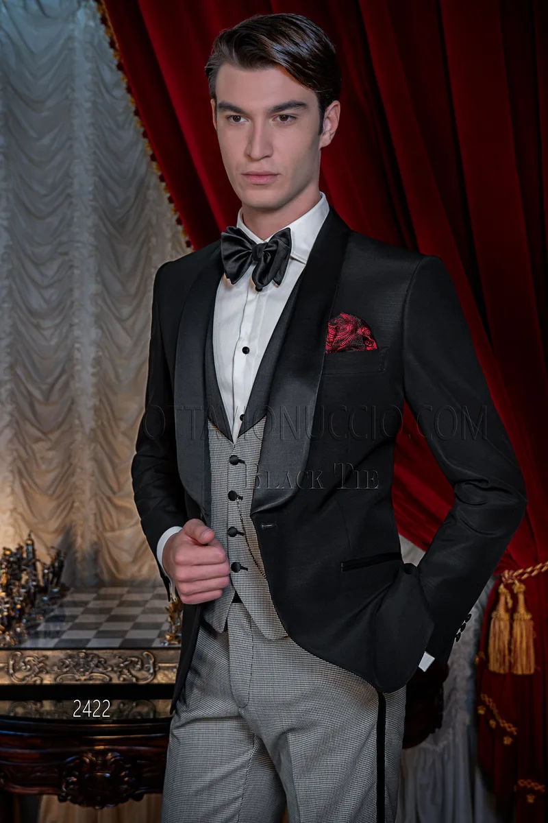Abito uomo smoking nero sciallato con gilet e pantalone pied de poule 1