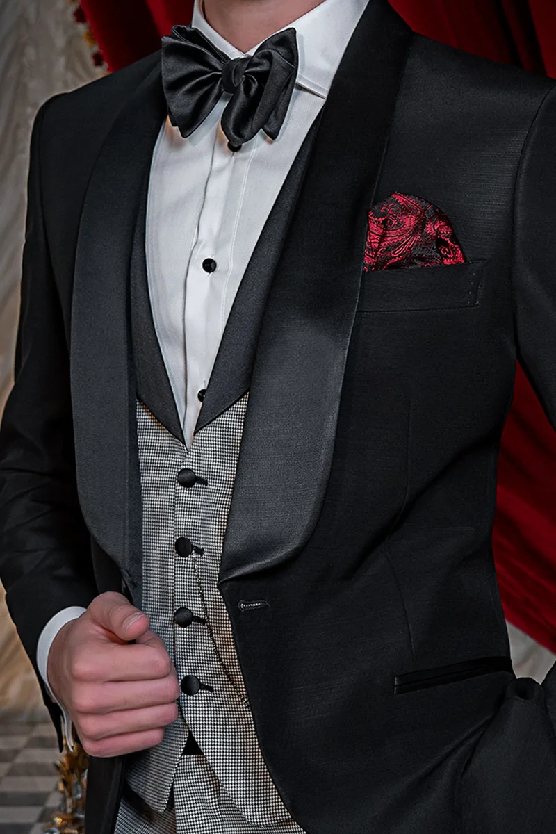 Abito uomo smoking nero sciallato con gilet e pantalone pied de poule 2