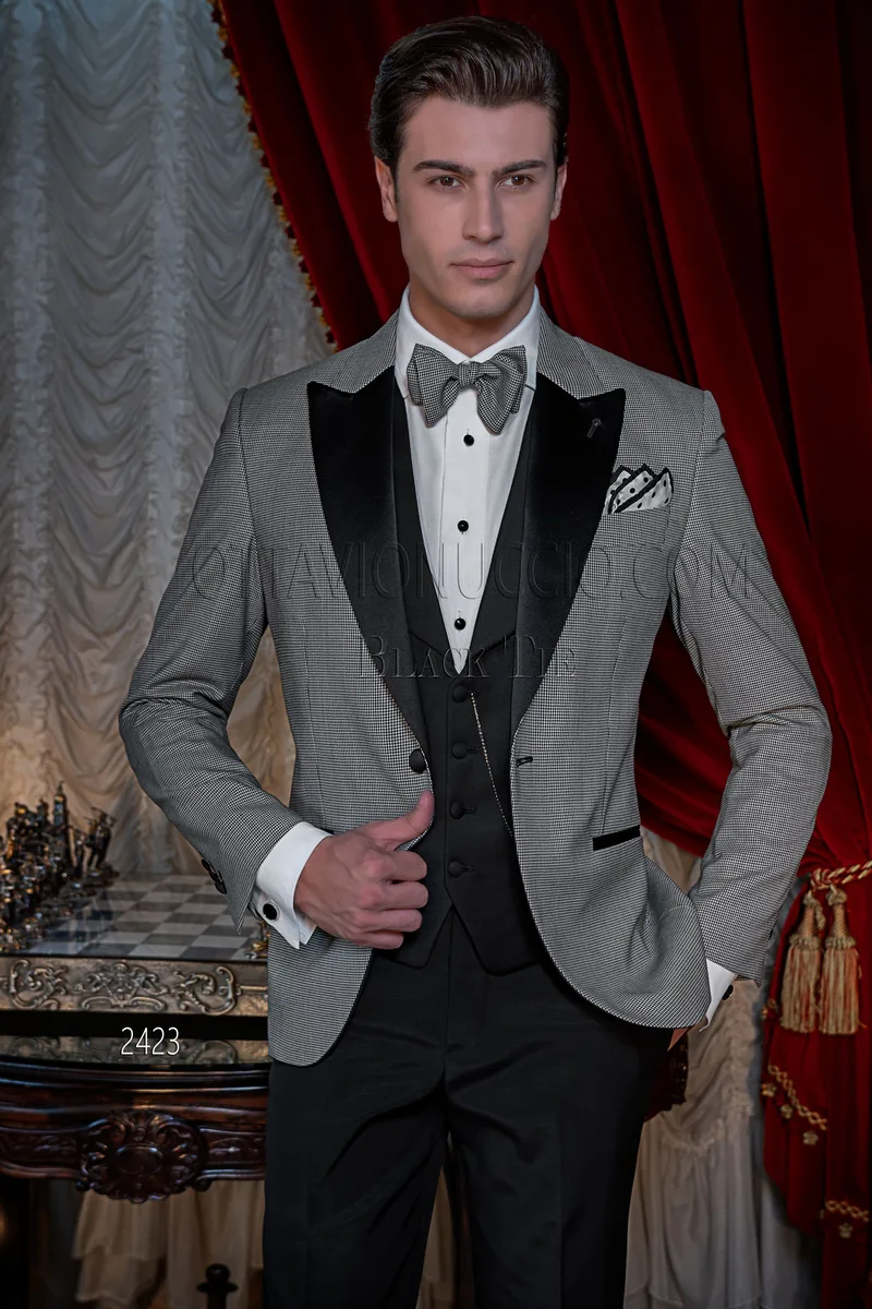 Smoking uomo da gala in pied de poule, gilet e pantalone nero 1