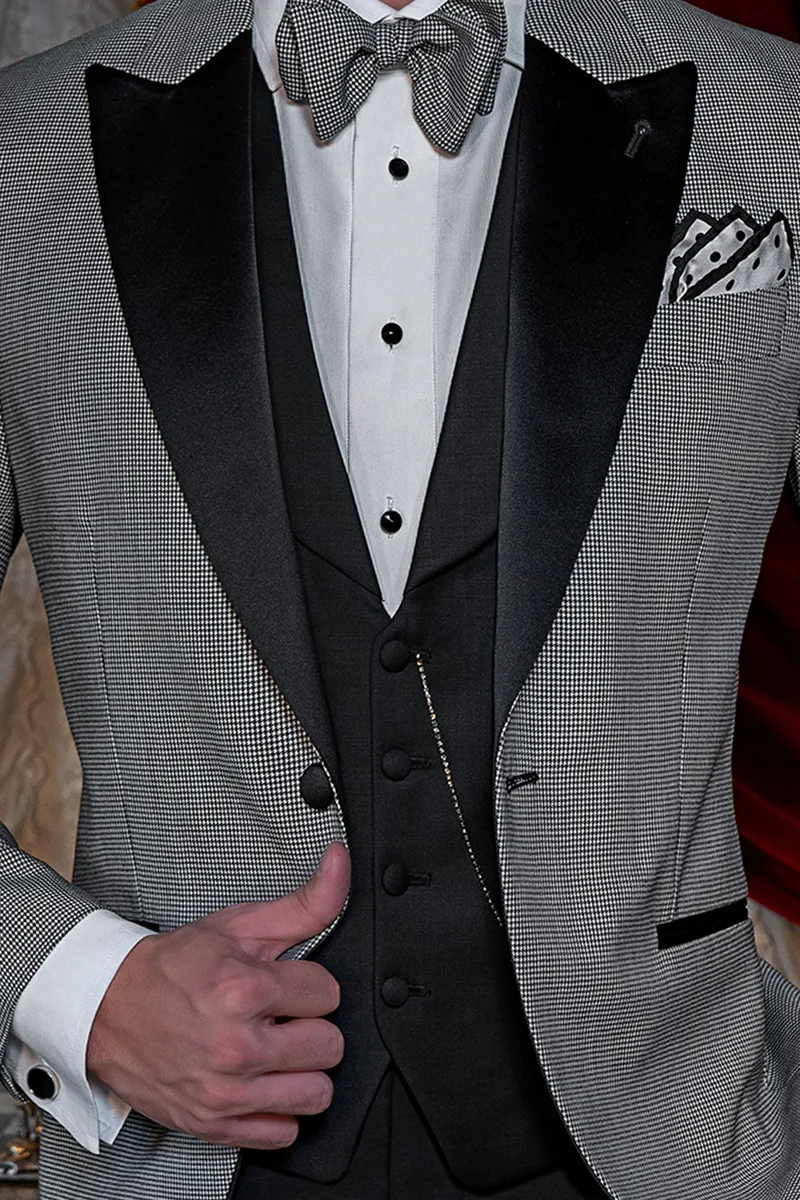 Smoking uomo da gala in pied de poule, gilet e pantalone nero 3
