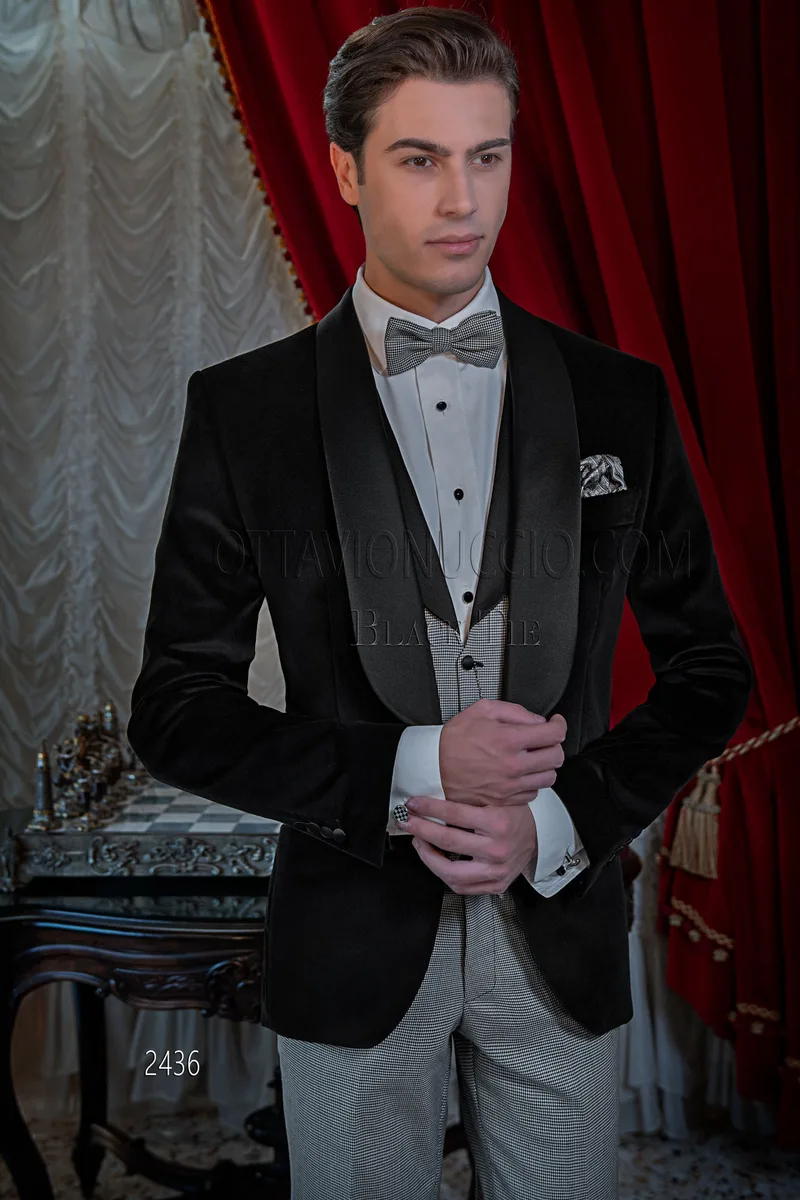 Smoking uomo elegante da sera velluto nero, gilet e pantalone pied de poule 1